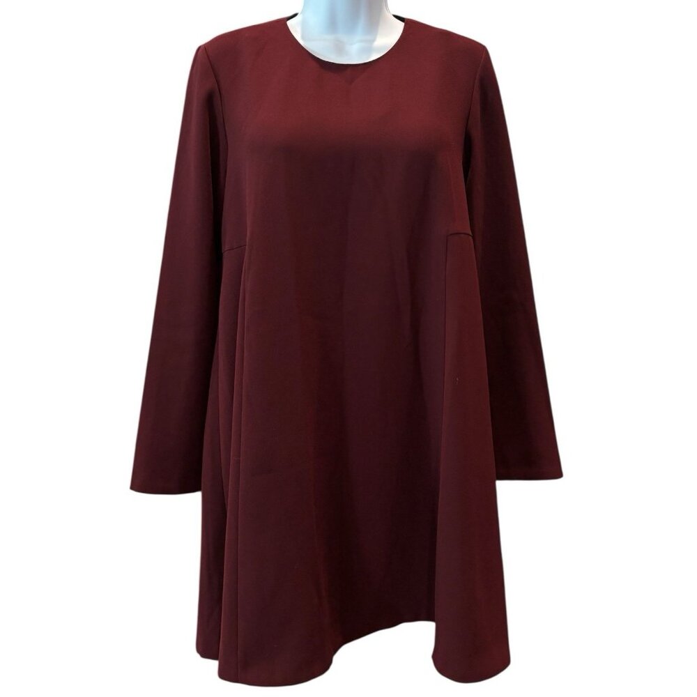 ZARA Woman Burgundy Long Sleeve A-Line Shift‎ Dress Size M | Made in Spain
